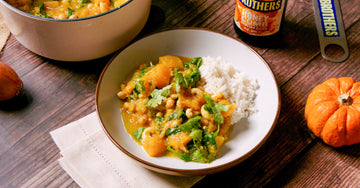 A dish of Brothers Honeycomb Vegan Pumpkin Curry on a table