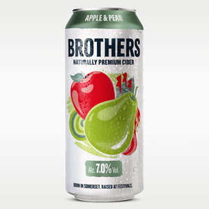 A 500ml can of Brothers Naturally Premium Cider, Apple & Pear flavour, 7%featuring a white label with water droplets, a green apple, and a green pear illustration.