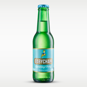 A green glass bottle of BABYCHAM Sparkling Perry with a light blue label and a blue cap, shown on a light gray background.