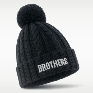 A black cable-knit beanie with a matching pom-pom and white embroidered 'BROTHERS' text on the cuff, shown on a light gray background.