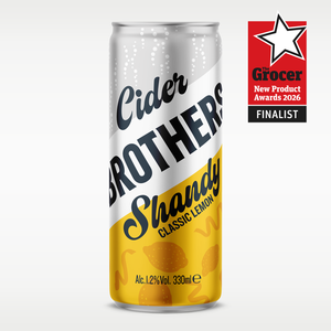 A 330ml aluminum can of Cider Brothers Shandy Classic Lemon, featuring a silver and yellow label with black text, shown on a light gray background with a red and black 'Grocer New Product Awards 2026 Finalist' badge in the top right corner.