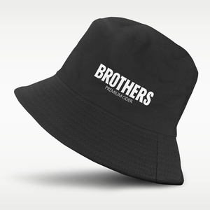 A black bucket hat with white text reading 'BROTHERS PREMIUM CIDER' on the front, shown against a light gray background.