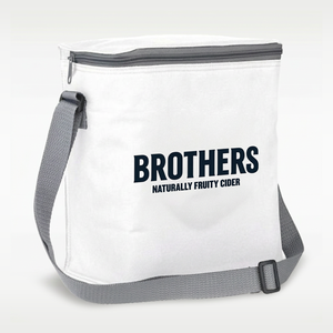 A white insulated can cooler bag with a gray zipper, gray shoulder strap, and black printed text reading 'BROTHERS NATURALLY FRUITY CIDER' on the front, shown on a light gray background.