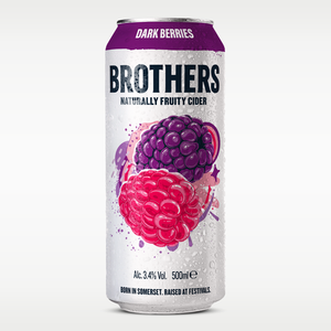 A 500ml can of Brothers Naturally Fruity Cider, Dark Berries flavour, featuring a white can with purple and pink berry illustrations on a light gray background.