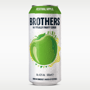 A 500ml can of Brothers Naturally Fruity Cider, specifically the Festival Apple flavour. The can features a green apple graphic in the centre, and a green band at the top with 'FESTIVAL APPLE' written in white.