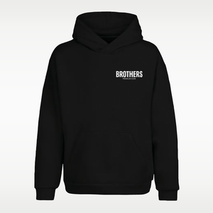 A black hoodie with 'BROTHERS' Premium Cider printed in white block letters on the left chest, displayed against a light gray gradient background.