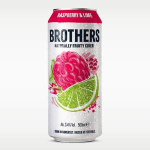 A 500ml can of Brothers Naturally Fruity Cider, Raspberry & Lime flavour.