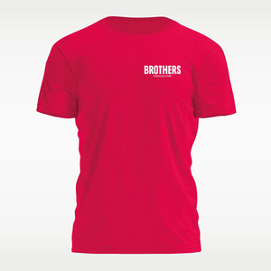 A bright red short-sleeve crewneck t-shirt with 'BROTHERS' printed in white block letters.