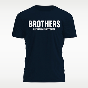 A navy blue short-sleeve t-shirt with bold white text on the chest reading 'BROTHERS' and 'NATURALLY FRUITY CIDER'.