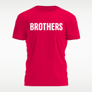 A bright red short-sleeve crewneck t-shirt with the word 'BROTHERS' printed in bold white capital letters across the chest.